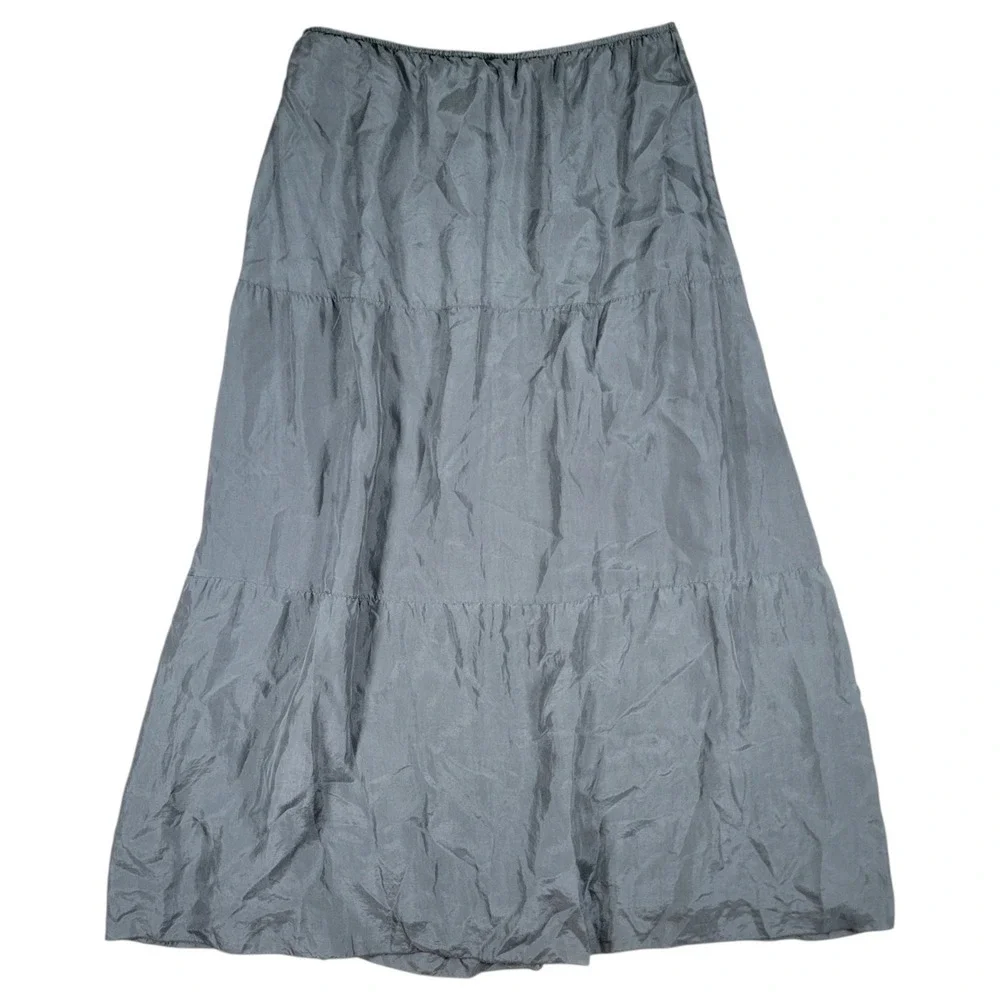 Eileen Fisher Silk Maxi Skirt Womens S Gray Sateen Tiered Long Minimalist Luxe